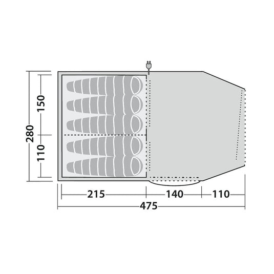 Technische Zeichnung einer Halbschnittansicht eines Objekts mit Maßangaben für Robens® 5-Personen Zelt - Double Dreamer 5.