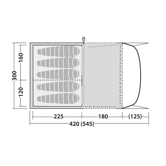 Diagramm einer Kanalventilatoreinheit Robens® 5-Personen Zelt - Wolf Moon 5XP mit Maßanmerkungen.