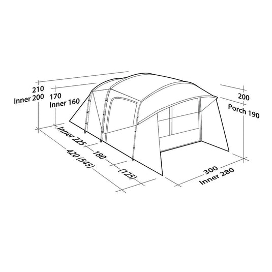 Technische Strichzeichnung eines Robens® 5-Personen Zelt - Wolf Moon 5XP Zeltes mit beschrifteten Maßen.