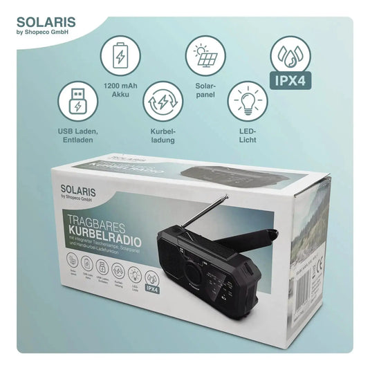 Tragbares tragbares Solaris-Kurbelradio mit Solarpanel und LED-Licht, USB-Aufladung und 1200-mAh-Akku, in der Verpackung mit IPX4-Wasserbeständigkeitssymbol versehen.