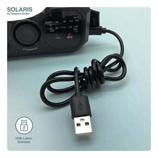 Solaris Tragbares Radio mit USB-Ladekabel und Solaris.