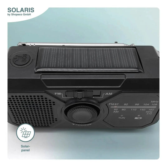 Ein tragbares Solaris Tragbares Kurbelradio mit Solarpanel mit am/fm Tuning für Notfälle.