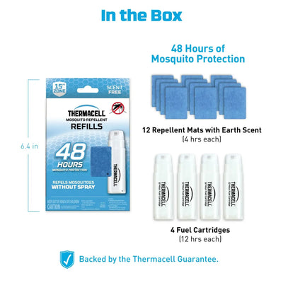 Produktdisplay des ThermaCELL® R4, Nachfüllpackung 48 Std. mit 48 Stunden Schutz, einschließlich 4 Duftmatten und 4 Brennstoffkart.