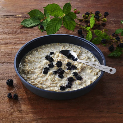 Schüssel Trek'n Eat Protein Porridge mit Brombeeren auf einem Holztisch.