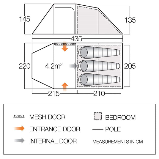 Diagramm eines Vango™ „Beta 350XL CLR“-Tunnelzeltaufbaus mit Maßen und Legende, die Schlafzimmer, Türen und Stangen angibt.