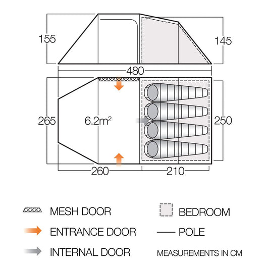 Technisches Diagramm eines Vango™ „Beta 450XL“ Tunnelzelt-Layouts mit Maßen und Designspezifikationen.