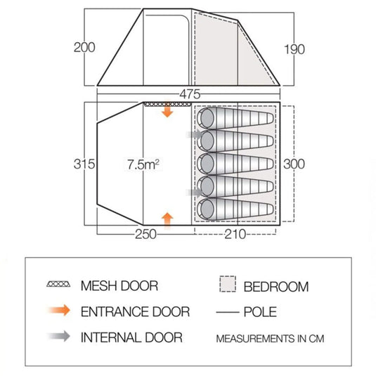 Grundriss und Abmessungen des Vango™ Beta 550XL CLR Tunnelzeltes mit Schlafzimmer und detaillierter Innenaufteilung.