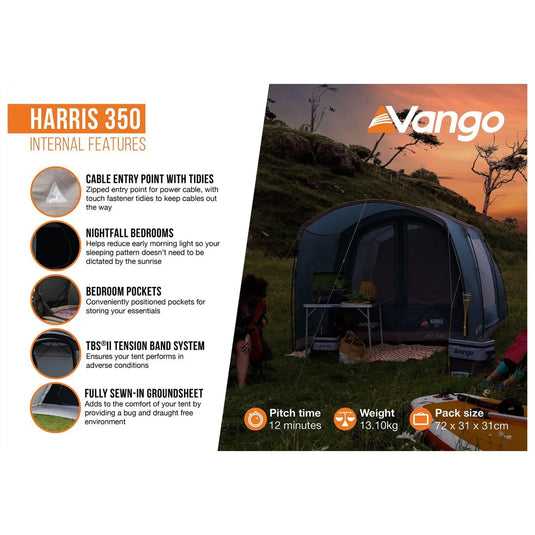 Eine Werbung für Vango™ „Harris 350“ Tunnelzelt, die seine Eigenschaften vor dem Hintergrund einer Campingszene im Freien in der Abenddämmerung hervorhebt.