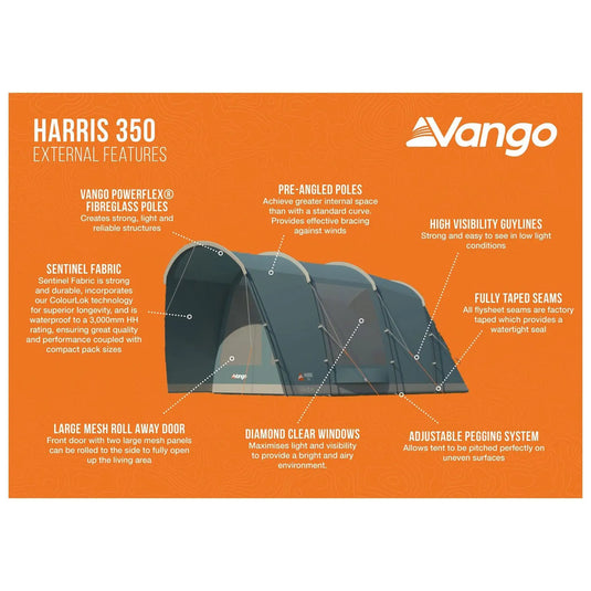 Abbildung eines Vango™ „Harris 350“ Tunnelzelts mit Einzelheiten zu seinen Merkmalen wie vorgewinkelten Glasfaserstangen, vollständig versiegelten Nähten und großen Netzfenstern für verbesserte Belüftung.