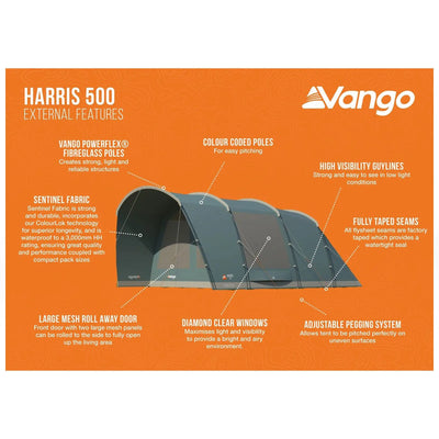 Eine Infografik, die die Eigenschaften des Vango™ „Harris 500“ Tunnelzelts für 5 Personen vorstellt und die Stofftechnologie, die Farbcodierung für einen einfachen Aufbau, die Sichtbarkeit bei schlechten Lichtverhältnissen und das komplette Außenzelt mit versiegelten Nähten hervorhebt.