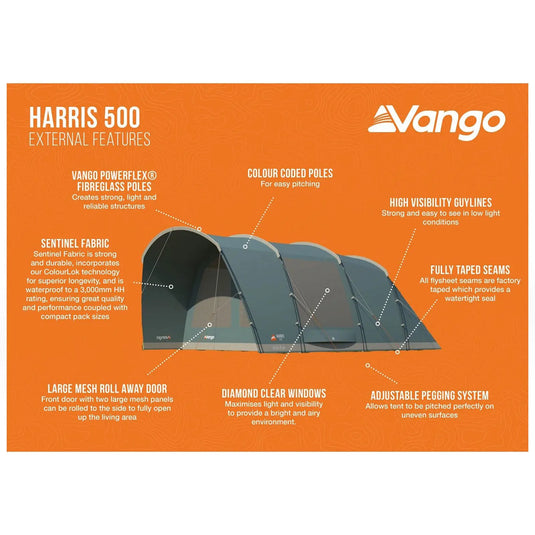 Eine Infografik, die die Eigenschaften des Vango™ „Harris 500“ Tunnelzelts für 5 Personen vorstellt und die Stofftechnologie, die Farbcodierung für einen einfachen Aufbau, die Sichtbarkeit bei schlechten Lichtverhältnissen und das komplette Außenzelt mit versiegelten Nähten hervorhebt.