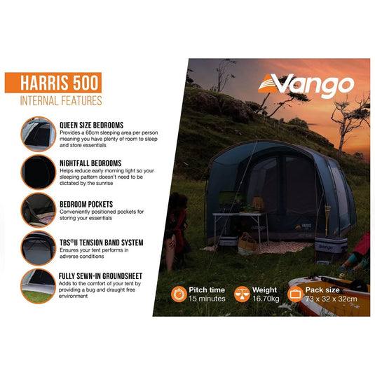 Bei Sonnenuntergang aufgebautes Zelt mit Informationstafel, die die Merkmale des aufblasbaren Tunnelzelts „Harris 500“ von Vango™ beschreibt.